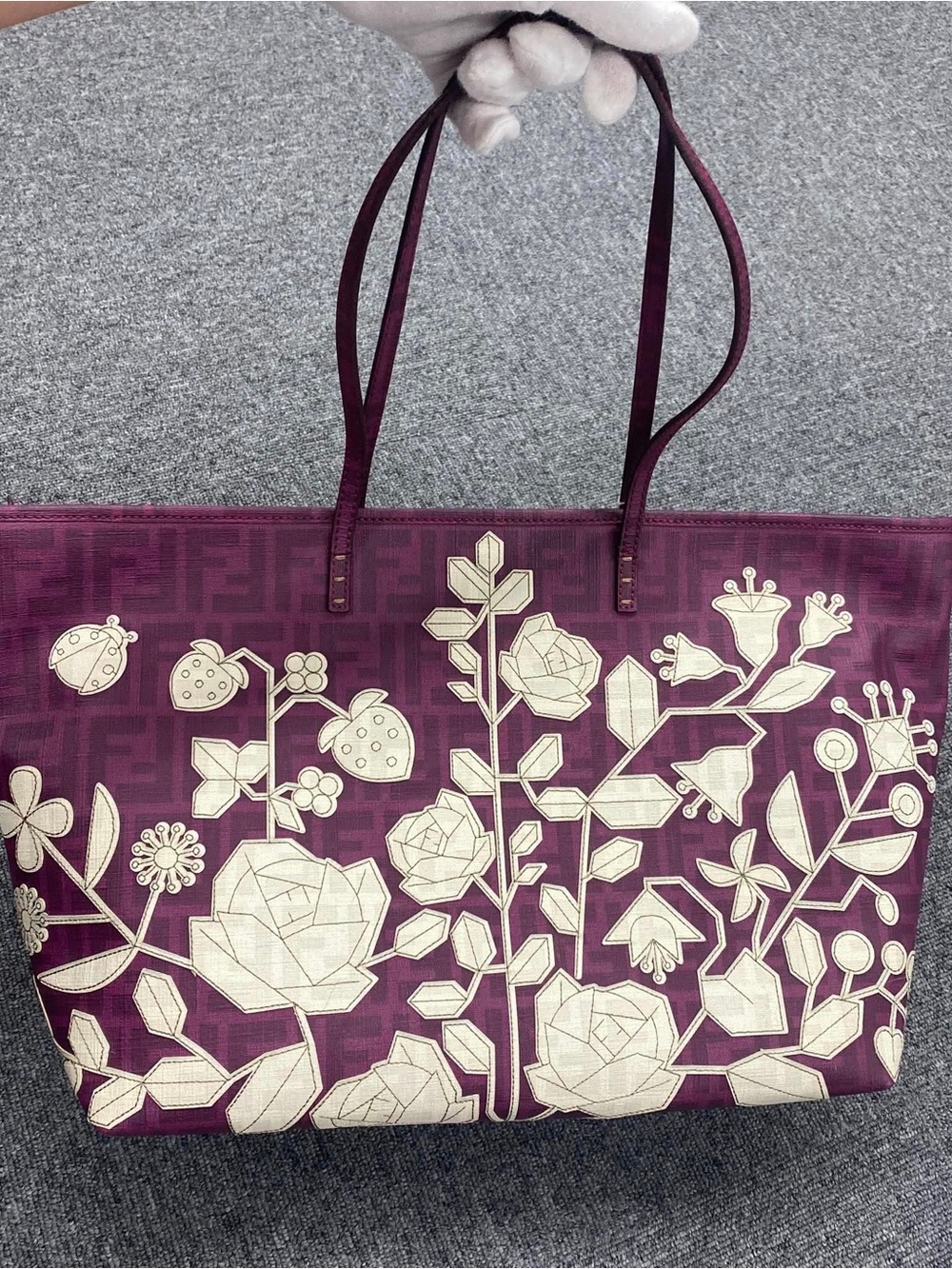 Fendi Plum Tote with Cream Floral Appliqué